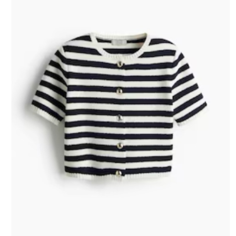 H&M Striped Short-Sleeve Cardigan — Cream & Navy